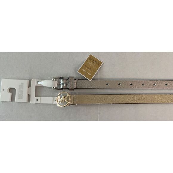 MICHAEL KORS BELT SET (2) METALLIC GOLD & Silver SKINNY MK LOGO Round BUCKLE - Picture 7 of 10